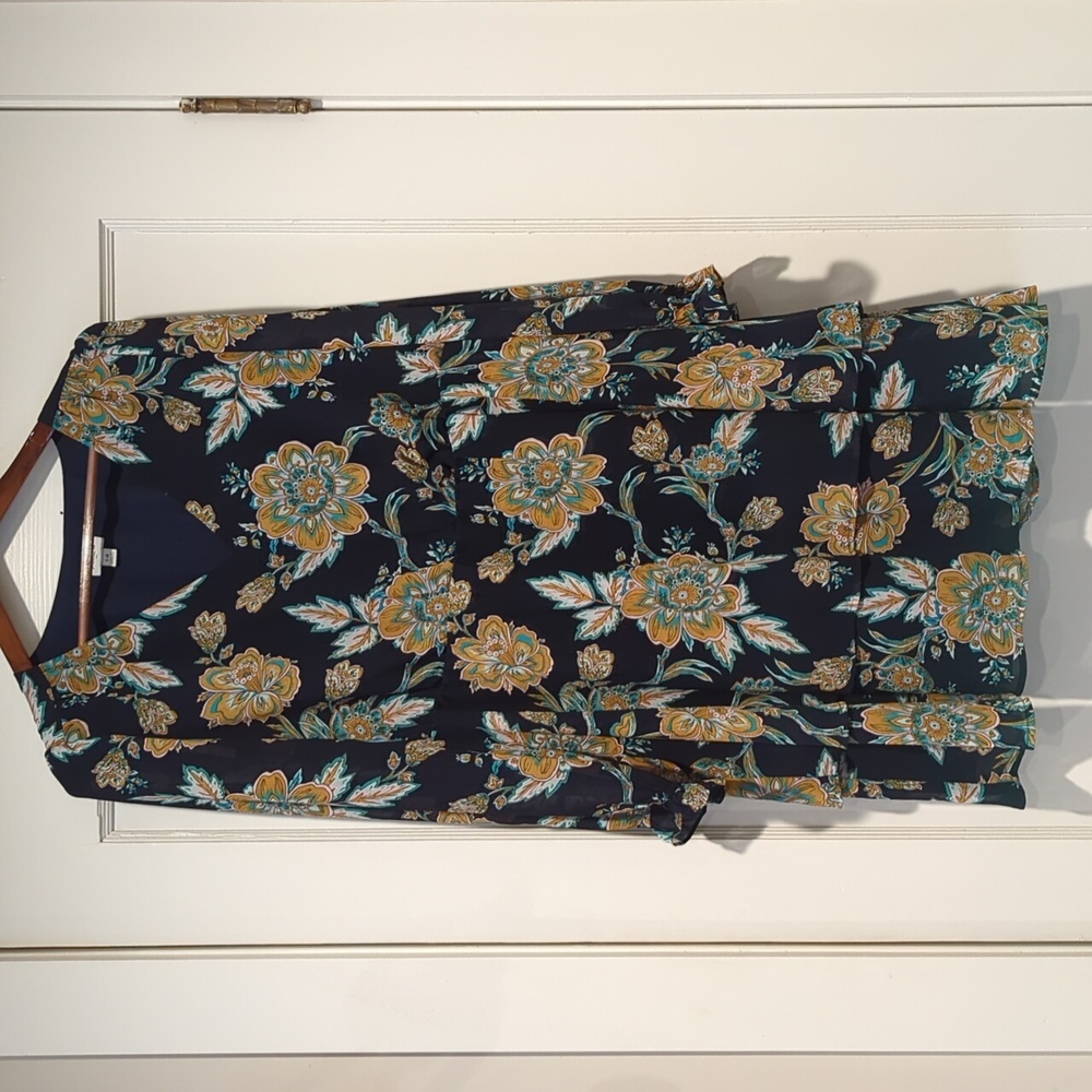 J. Crew navy tiered dress with gold/ turquoise floral print v-neck sheer sleeves